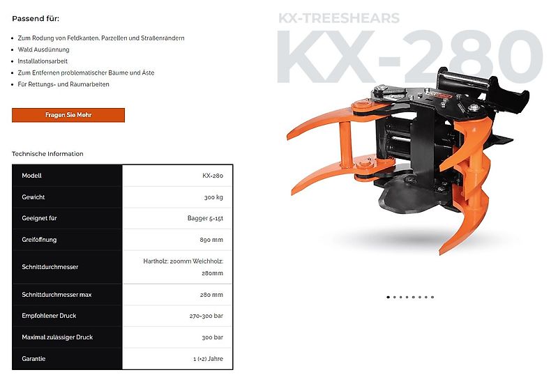 KX-TreeShears KX210 KX280 KX350 Fällgreifer Energieholzgreifer Baumschere Holzschere Greifer Bagger
