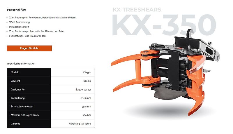 KX-TreeShears KX210 KX280 KX350 Fällgreifer Energieholzgreifer Baumschere Holzschere Greifer Bagger